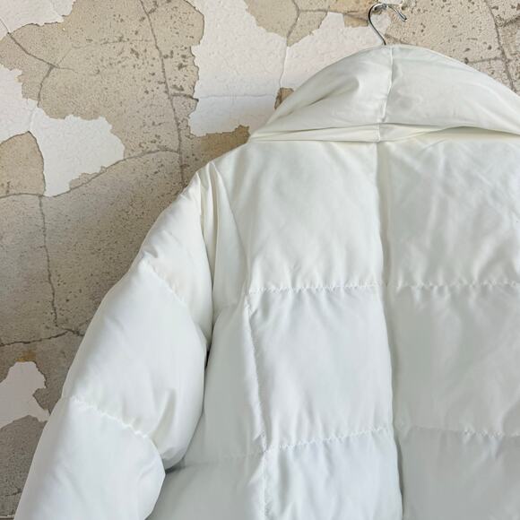 Lands End Down Puffer Coat White Long Maxi Jacket Fleece Lined Cabin Print M Vtg - Picture 5 of 11